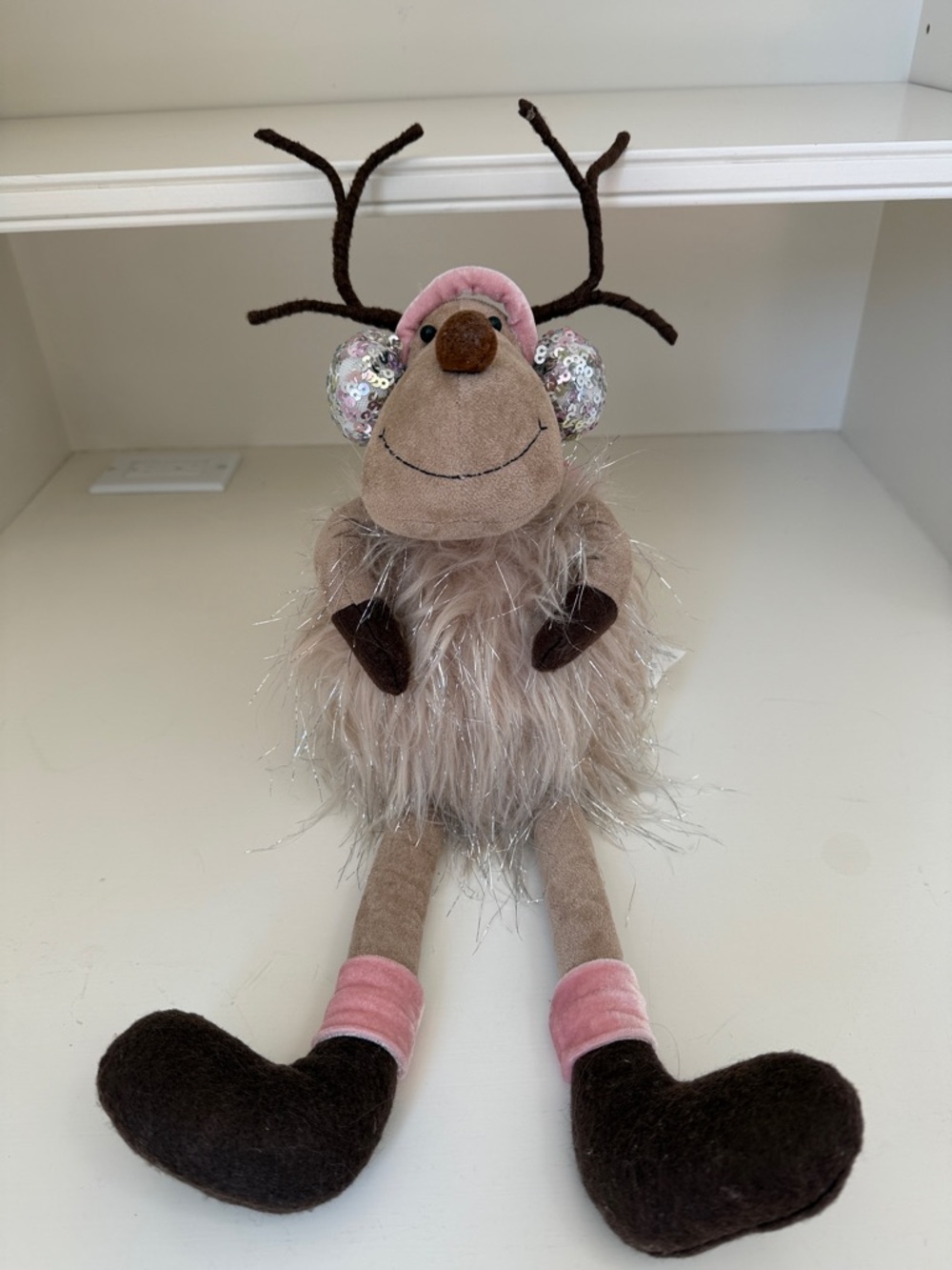 Plush Reindeer Decor with Sequined Ear Muffs - Pink & Brown